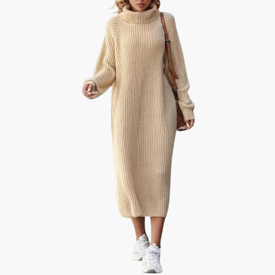 Women's Midi Dress with Turtleneck and Side Slits