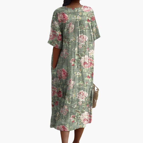 Women's Floral Midi Dress with V-Neck and Short Sleeves