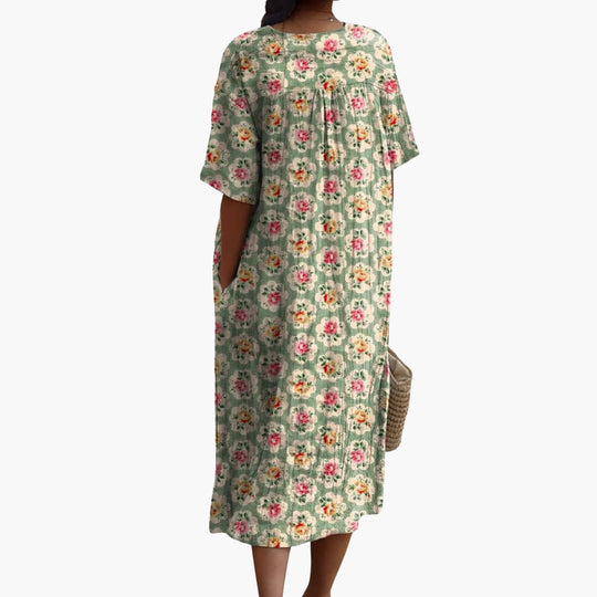 Women's Midi Dress with Floral Print and V-Neckline