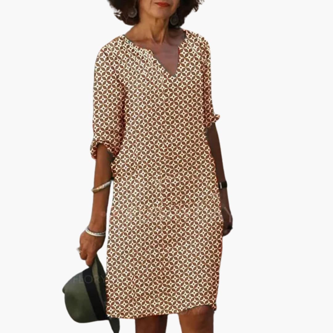 Women’s Short Dress with Notch V Neck and Rolled Sleeves