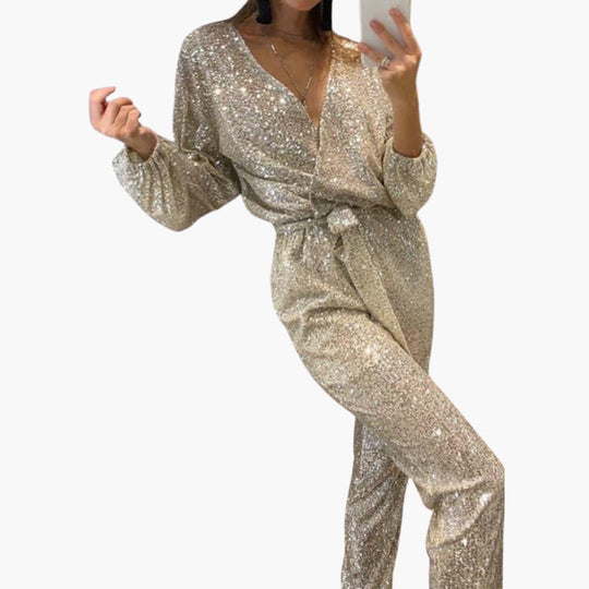 Women’s Sequin Jumpsuit with Long Sleeves and Tie Waist