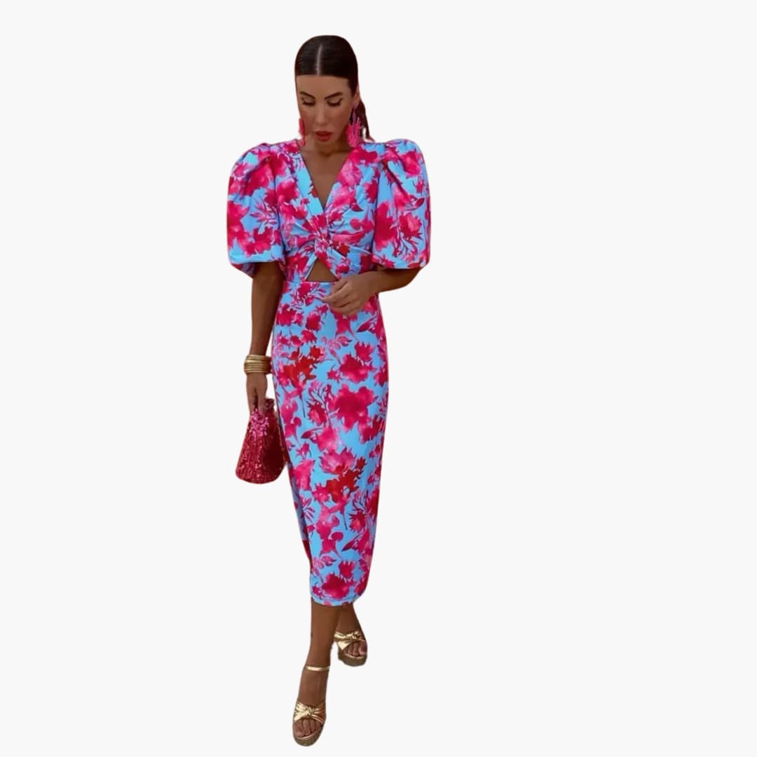 Women’s Midi Dress with Puff Sleeves and Ruched Waist