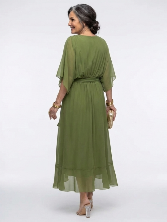 Elysia | V Neck Draped Waist Tie Midi Dress