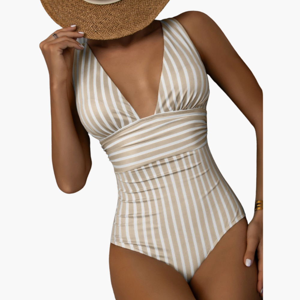 Women’s One - Piece Swimsuit with Striped Pattern and Integrated Shaping Panel