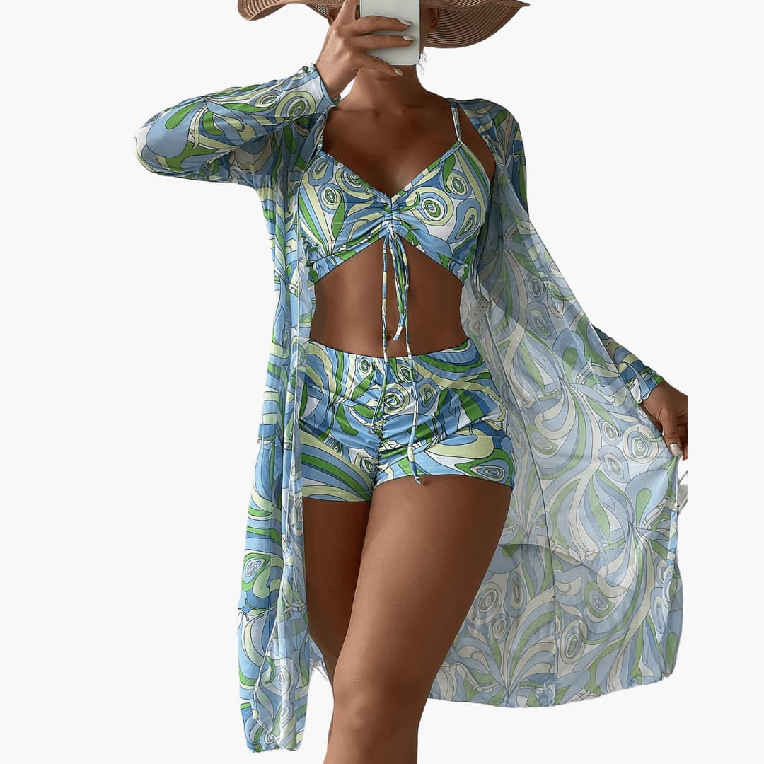 Women’s Beachwear Set with Kimono and High-Waisted Shorts