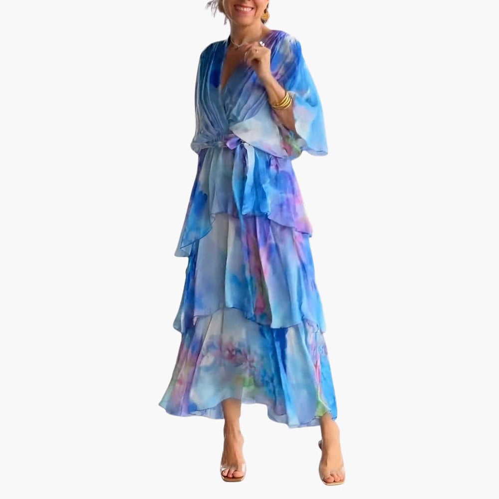 Women’s summer maxi dress with V-neckline and belted waist