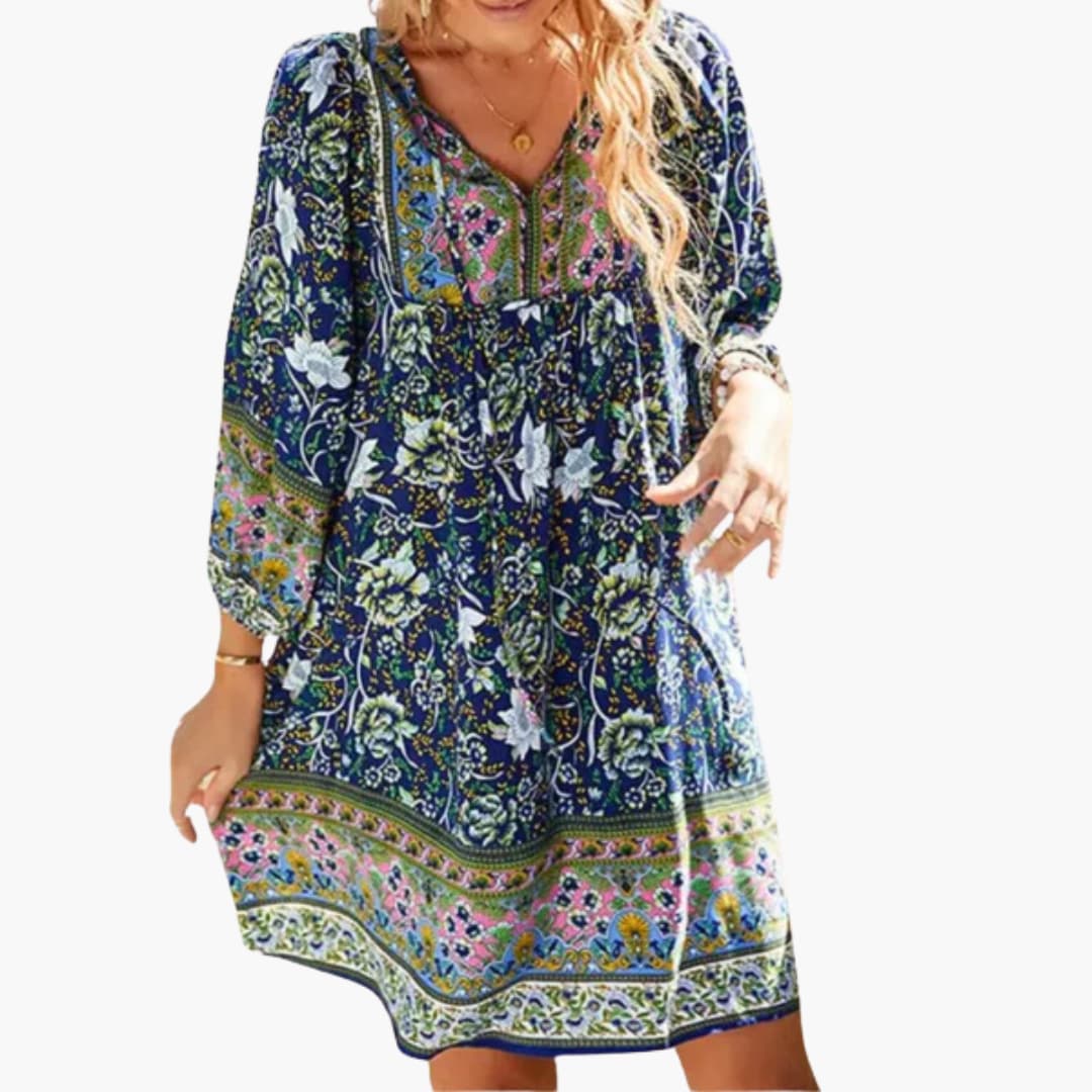 Women's Knee-Length Dress with V-Neck and Long Sleeves