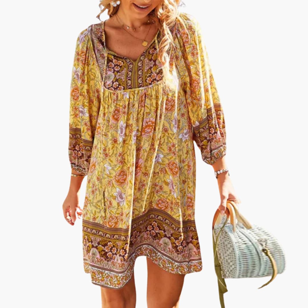 Women's Knee-Length Dress with V-Neck and Long Sleeves