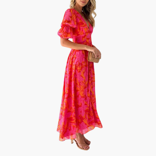 Women’s Maxi Dress with V-Neck and Puff Sleeves