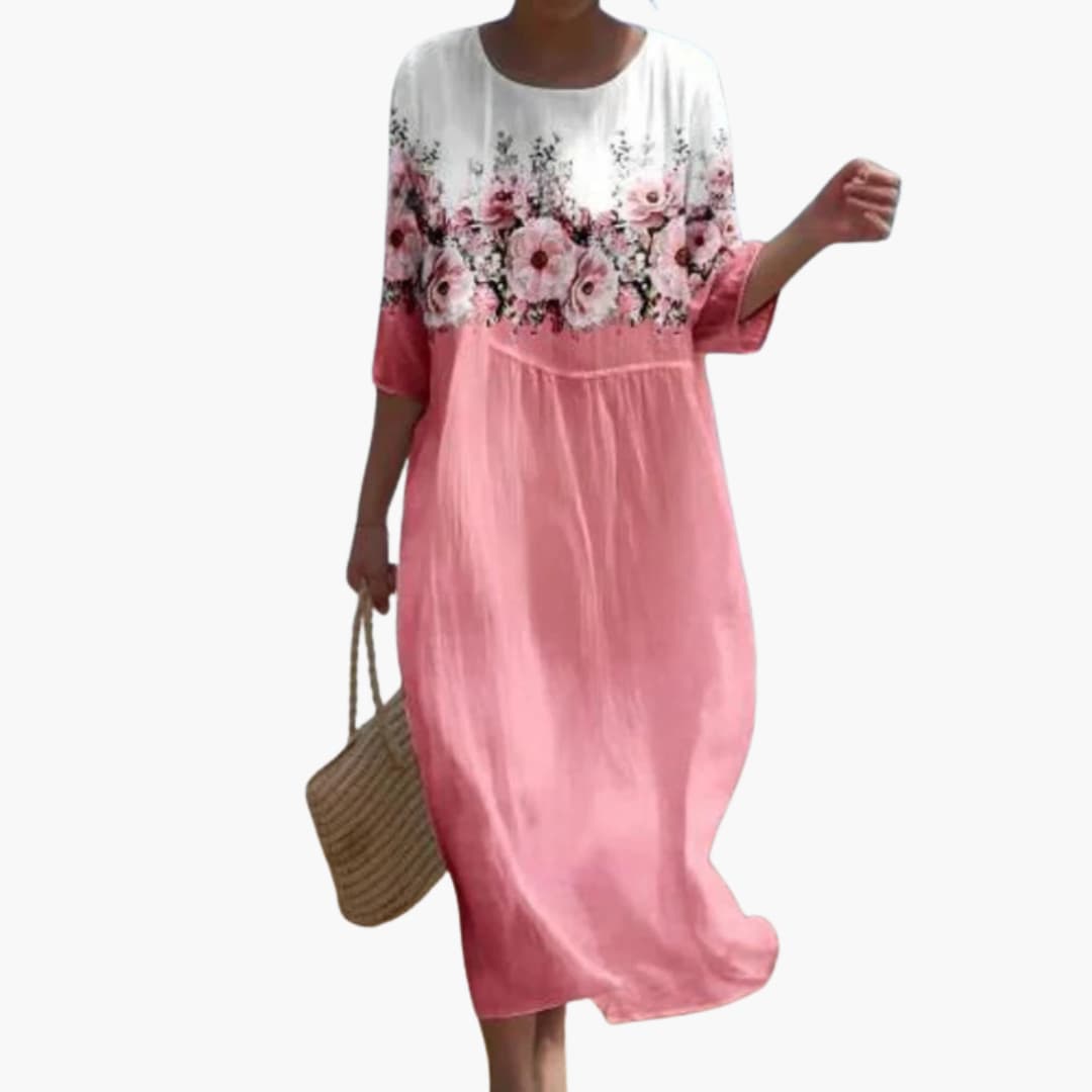 Women's Midi Dress with Round Neck and Three-Quarter Sleeves