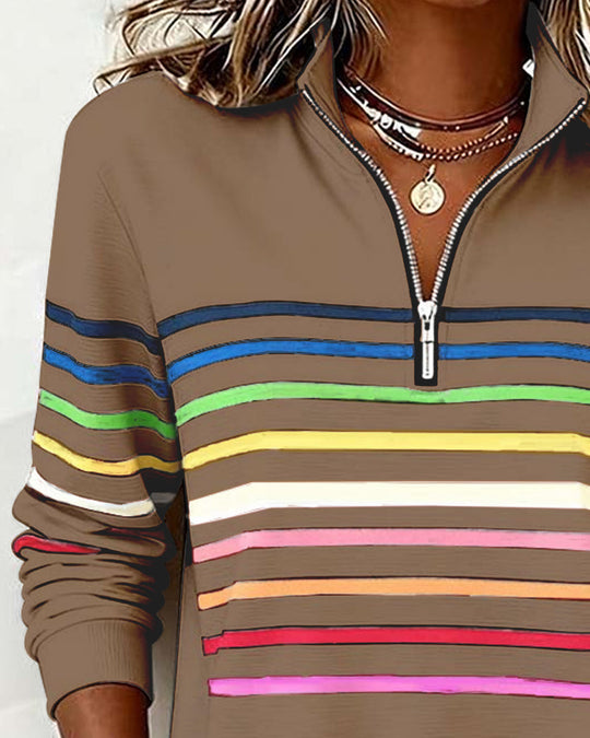 Women's Sweatshirt with Stripes and Half-Zip Design