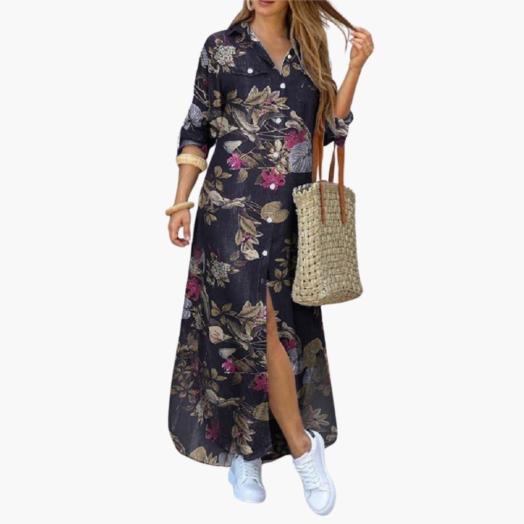 Women's Loose Fit Midi Dress with Floral Print and Button-Down Style