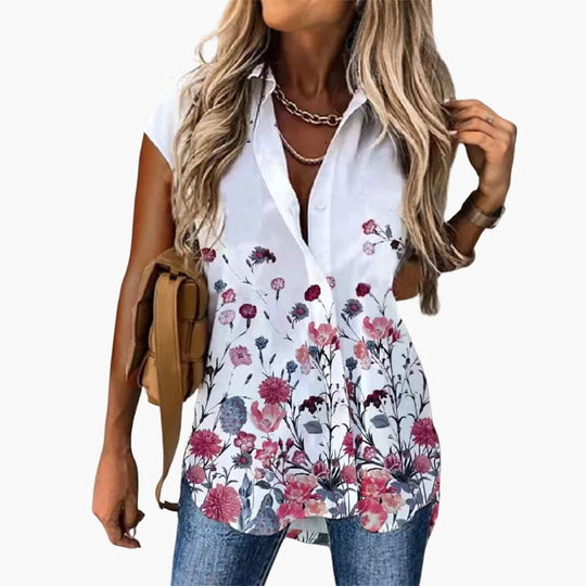 Women’s Sleeveless Blouse with Collar and Button Fastening