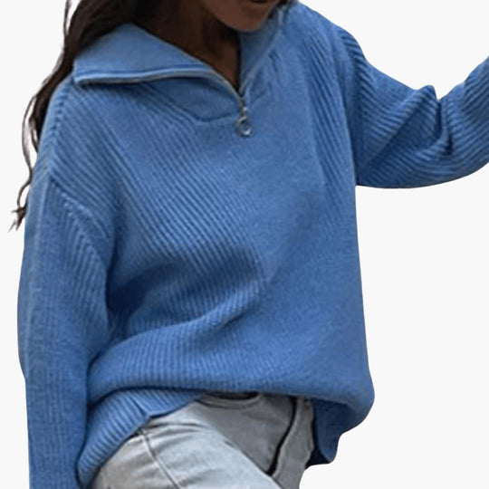 Women's Knit Jumper with Half-Zip Collar and Ribbed Texture
