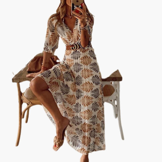 Women's Flowy Maxi Dress with V-Neck and Tropical Leaf Print