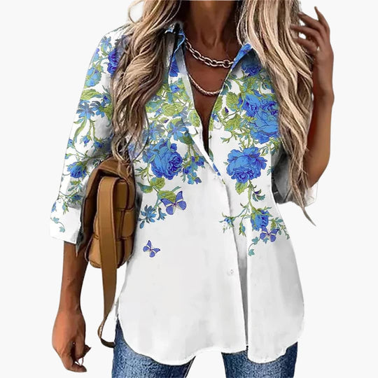 Women’s Floral Print Blouse with Collar and Button Fastening
