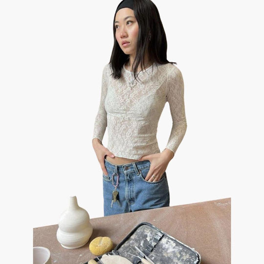 Women's Blouse with Sheer Lace Design and Long Sleeves