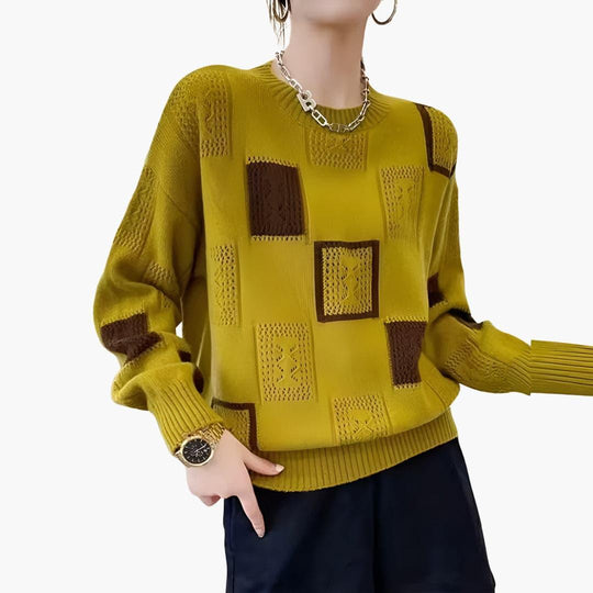 Women’s Patchwork Knit Jumper with Long Sleeves and Pullover Style