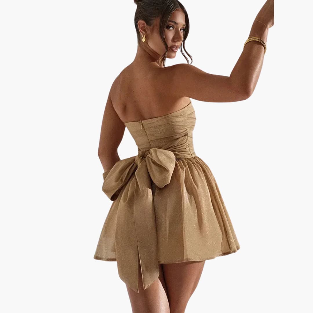 Women’s mini dress with bandeau neckline and flared skirt