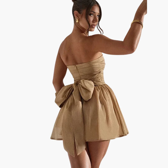 Women’s mini dress with bandeau neckline and flared skirt