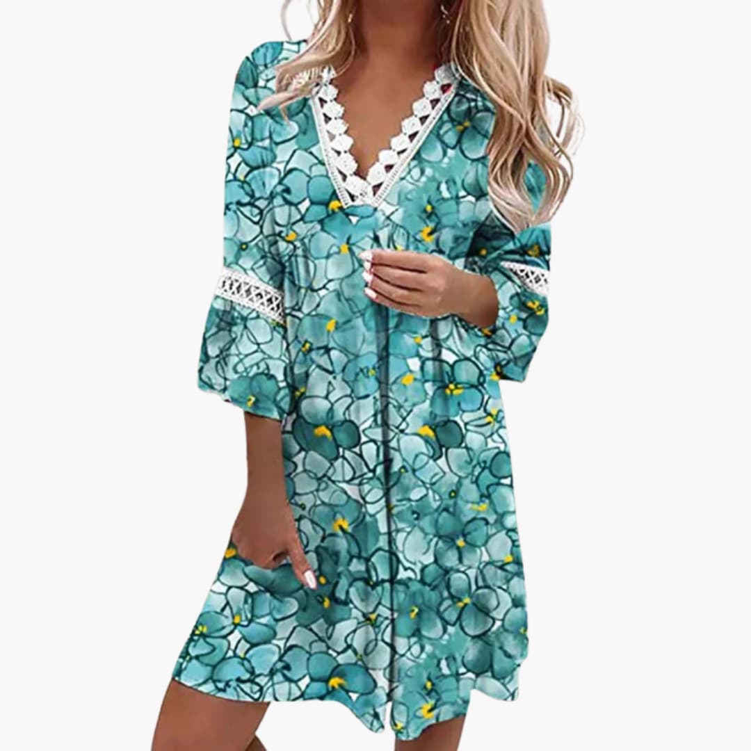 Women's Boho Dress with V-Neck and Lace Trim