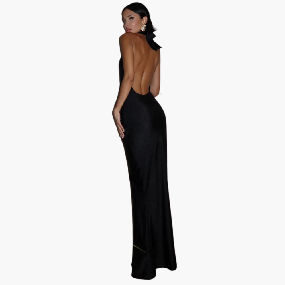 Women’s Halter Neck Dress with V-Neck and High Slit