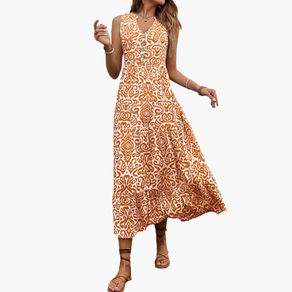Women's Midi Dress with V-Neck and Abstract Floral Print