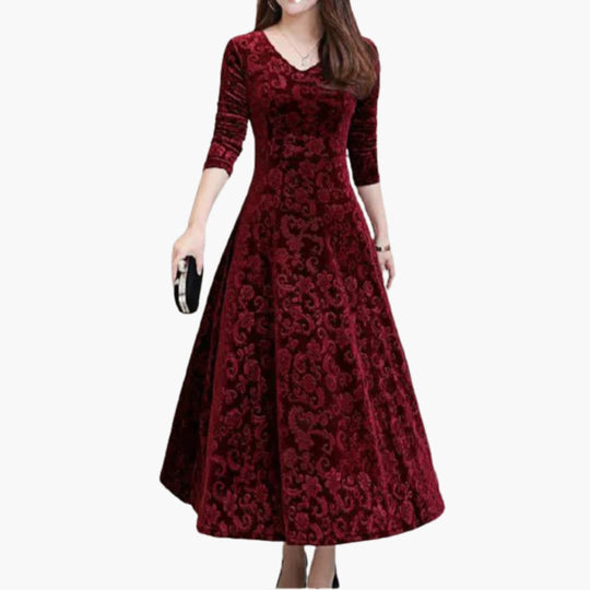 Women’s A-Line Maxi Dress with V-Neck and Three-Quarter Sleeves