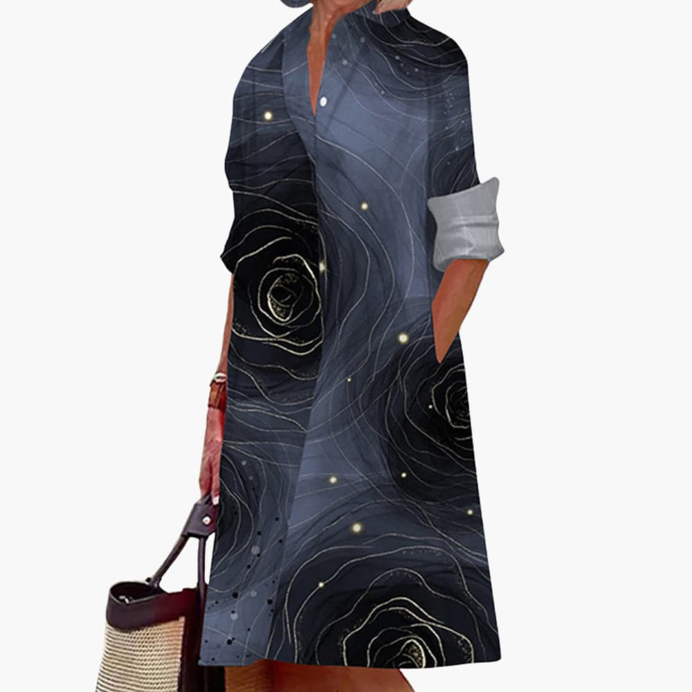 Women's Midi Dress with Shirt Collar and Side Pockets