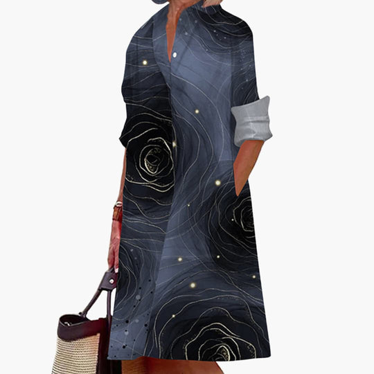 Women's Midi Dress with Shirt Collar and Side Pockets