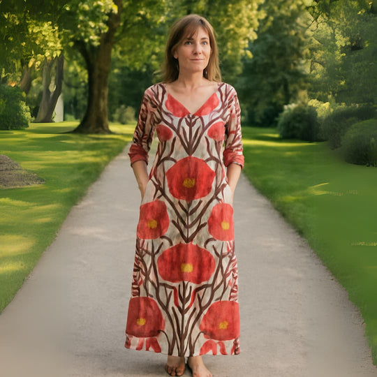 Women's Bohemian Dress with Flowy Design and V-Neckline