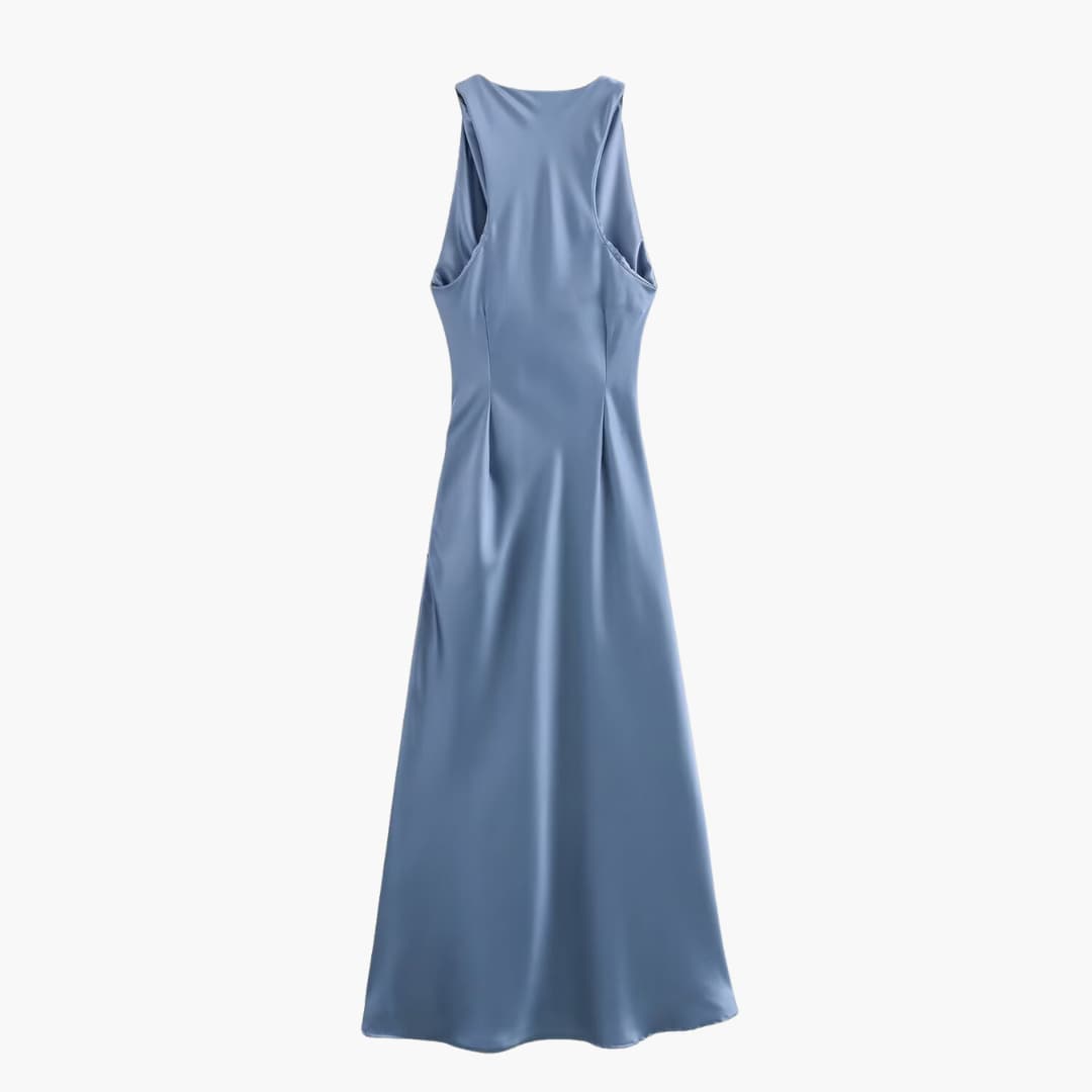 Women’s Satin Cowl Neck Midi Dress with Ruched Waist