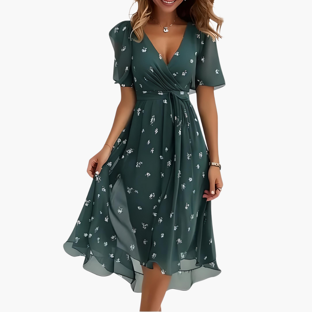 Women’s Midi Dress with V-Neckline and Flutter Sleeves