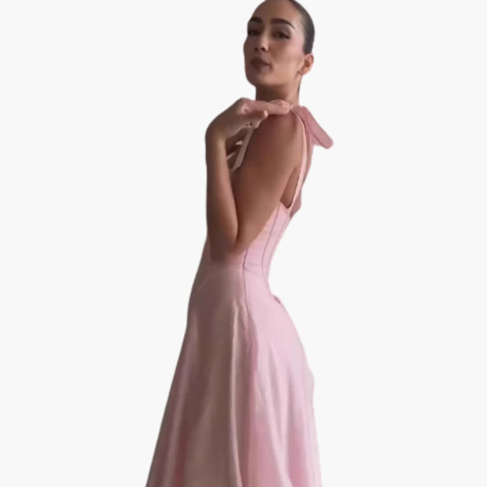 Women’s Corset Midi Dress with Adjustable Bow Straps and Flared Skirt