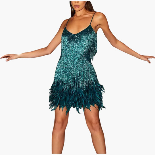 Women’s mini dress with spaghetti straps and fringe detailing