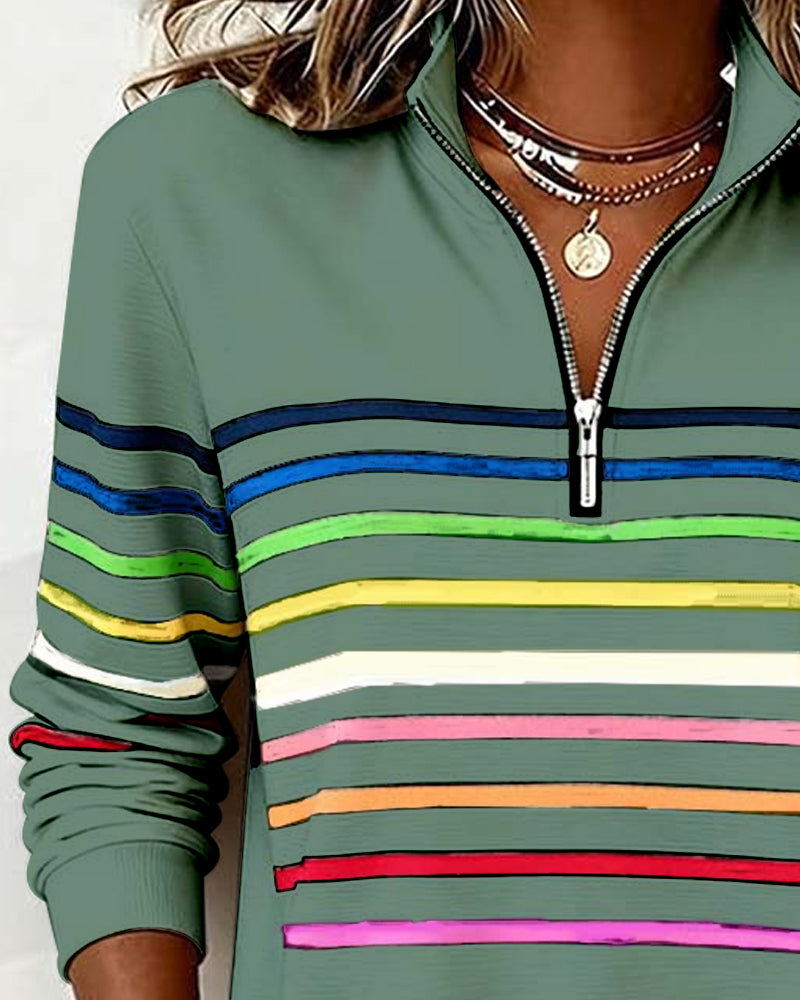 Women's Sweatshirt with Stripes and Half-Zip Design