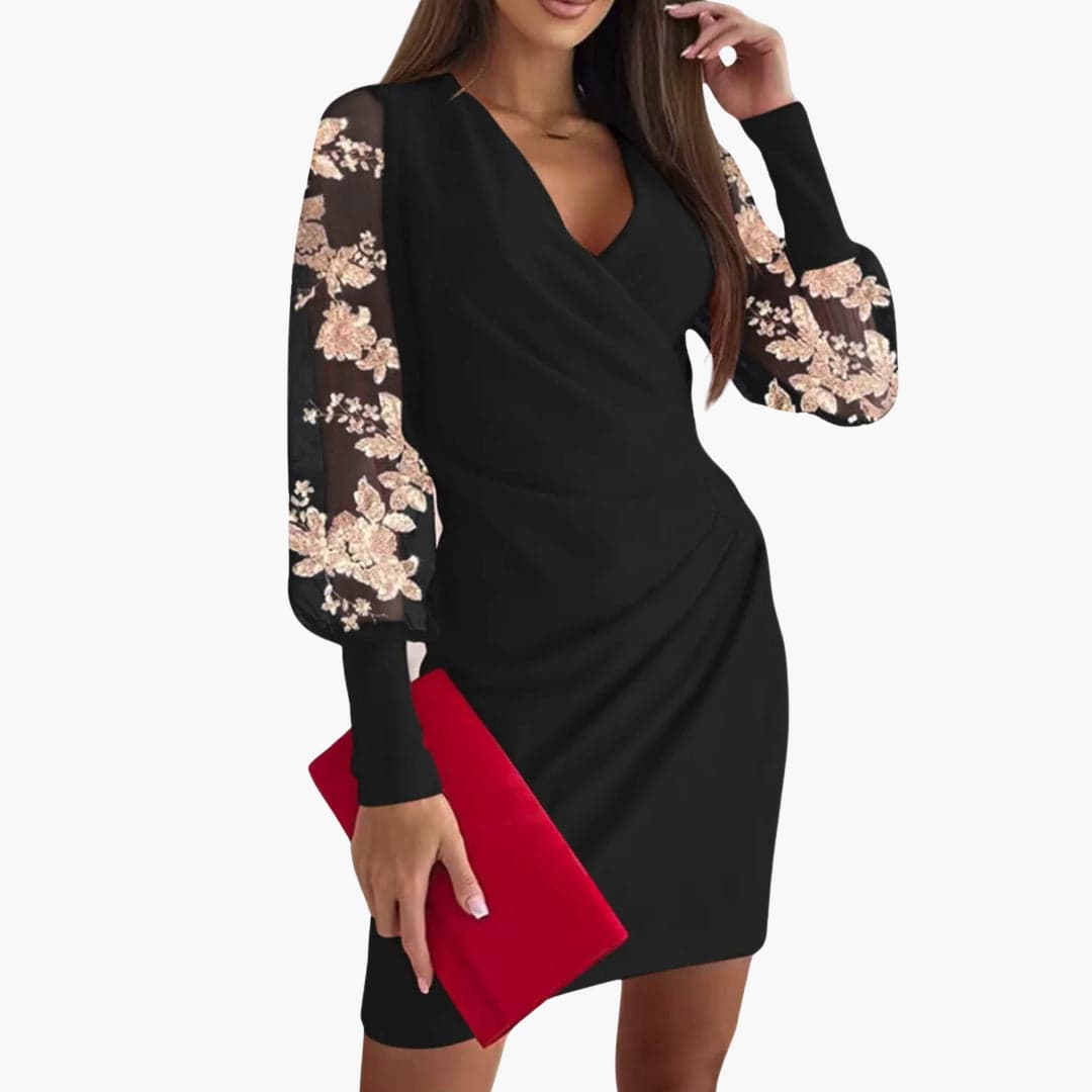 Women's Mini Wrap Dress with V-Neckline and Mesh Sleeves