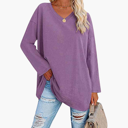 Women's V-Neck Blouse with Long Sleeves and Relaxed Fit