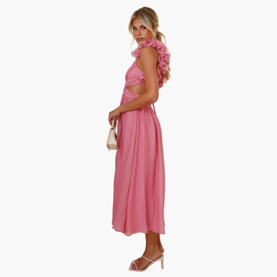 Women's Summer Dress with Ruffle Shoulders and Tie-Back