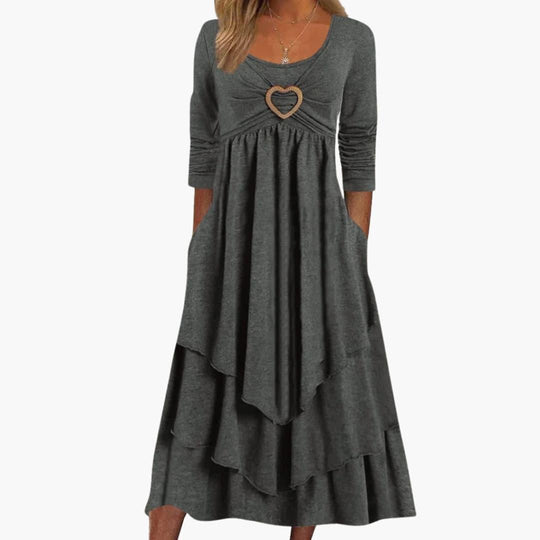 Women's Long Sleeve Midi Dress with Round Neckline and Tiered Design
