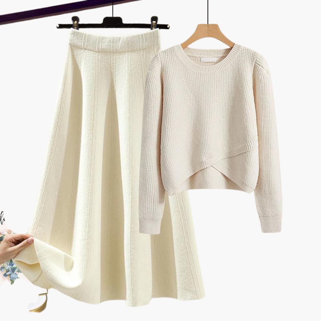 Elegant Ribbed Sweater and A-Line Skirt Set