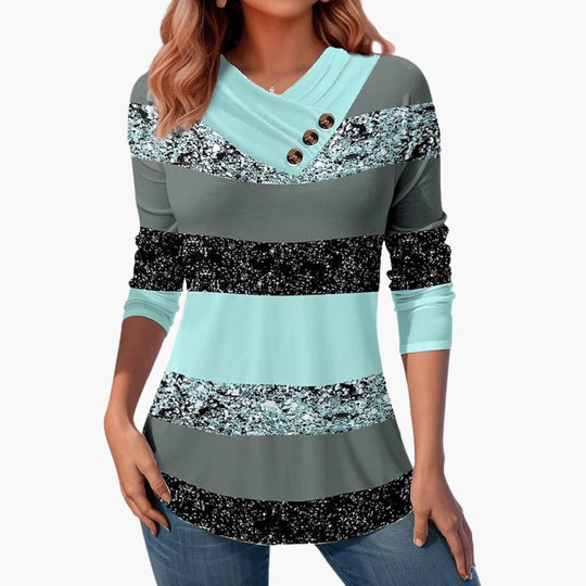 Women’s Casual Top with Striped Pattern and Button Details