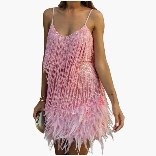 Women’s mini dress with spaghetti straps and fringe detailing