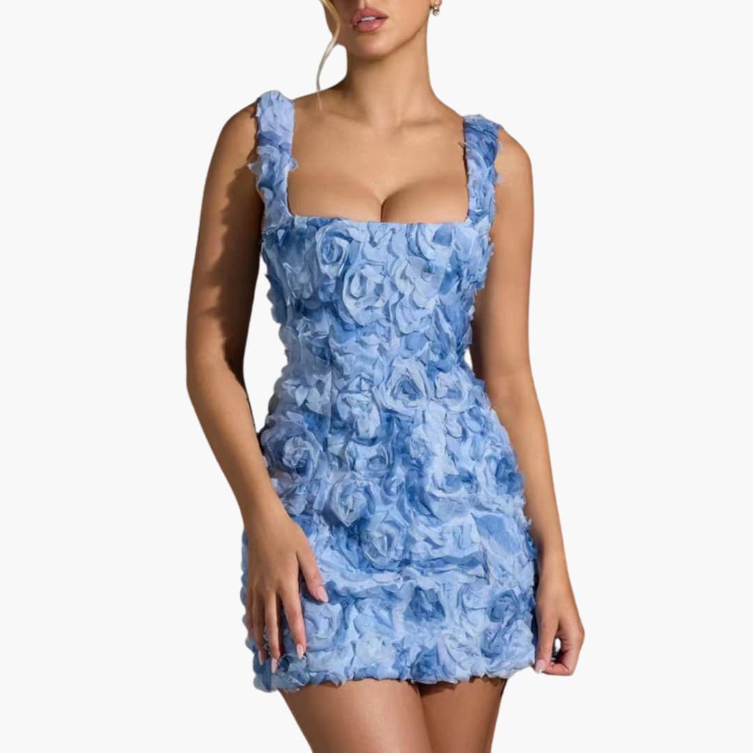 Women’s mini dress with sleeveless design and floral appliqué