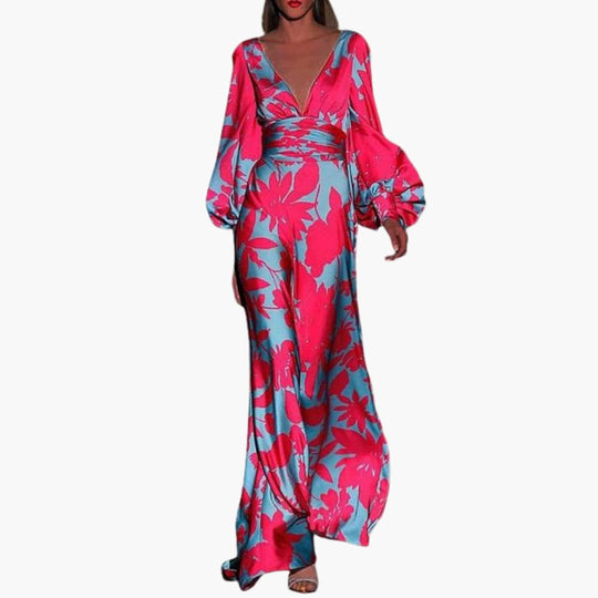Women’s maxi dress with V-neckline and voluminous sleeves