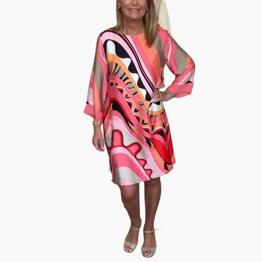 Women's Printed Midi Dress with Bell Sleeves and V-Neck