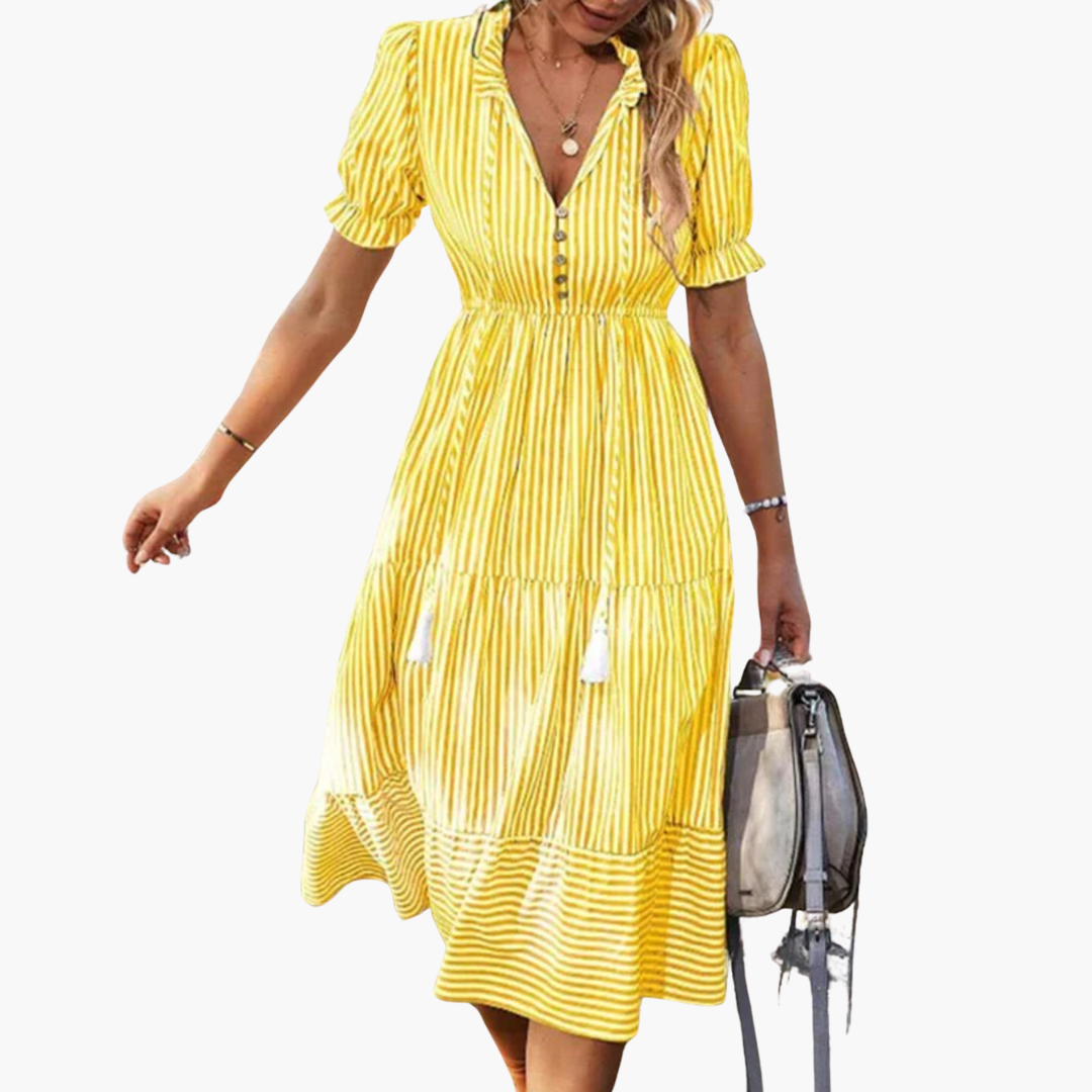 Women’s Dress with V-Neck and Puff Sleeves