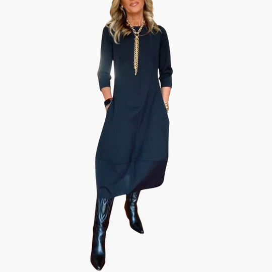 Women's Round Neck Dress with Long Sleeves and Side Pockets