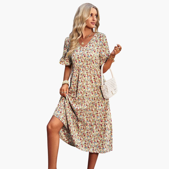 Women’s Midi Dress with V-Neckline and Floral Print