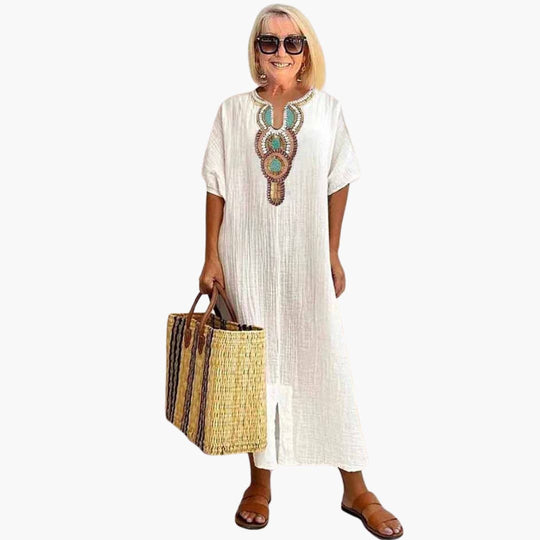 Women's Maxi Dress with Embroidered Neckline and Side Slit